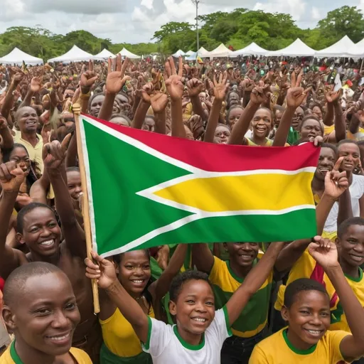 Prompt: A image of people of african descent  from Guyana celebrating emancipation show the sign for power, use the colors of guyana flag. must have the tag  "Happy Emancipation " written on the image. Do not use any flag from africa