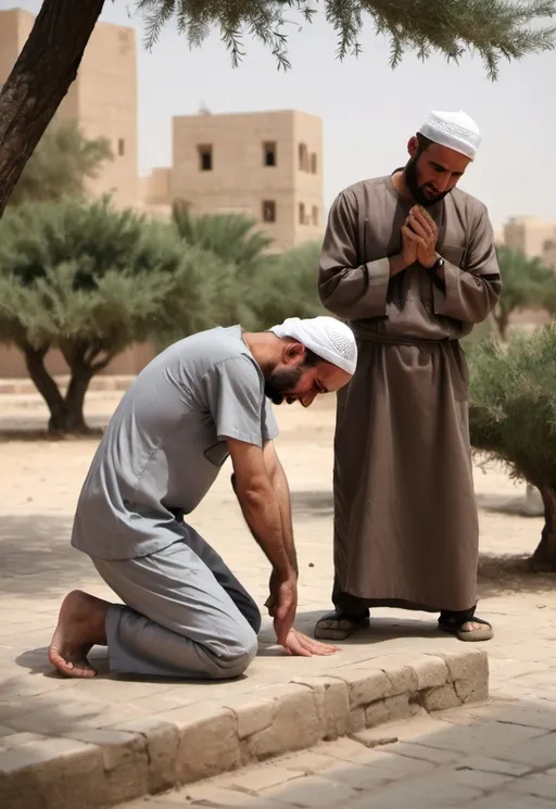 Prompt: A man setting on his knees, looking down and crying. The man wearing a gray scrub. Another man standing and wiping that man’s head. The background is an Arabic old city with some trees

