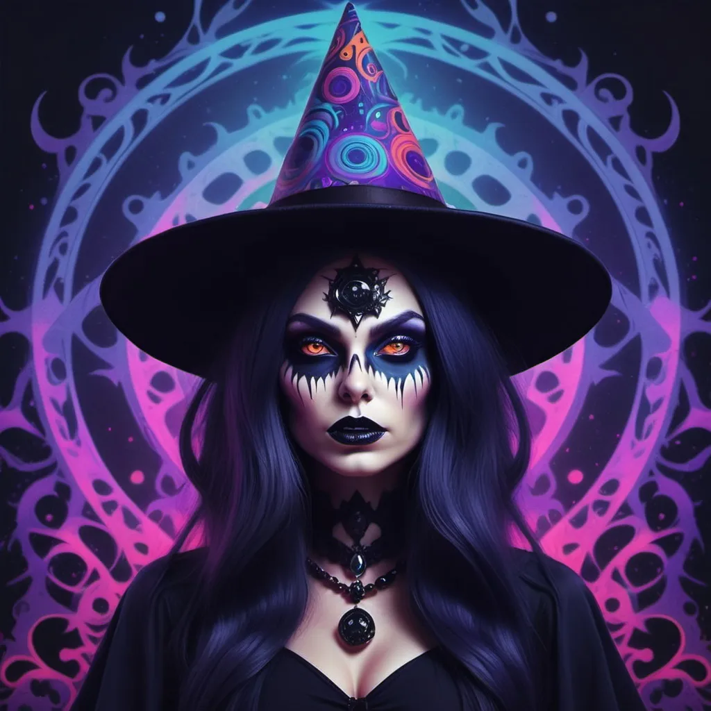 Prompt: Create a dark witch, with a psychedelic background