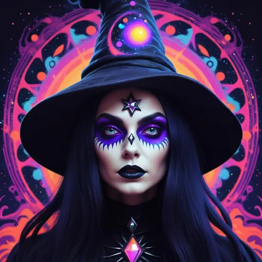 Prompt: Create a dark witch, with a psychedelic background