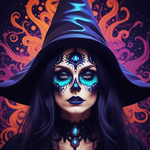 Prompt: Create a dark witch, with a psychedelic background