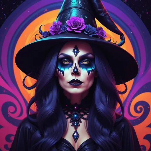 Prompt: Create a dark witch, with a psychedelic background