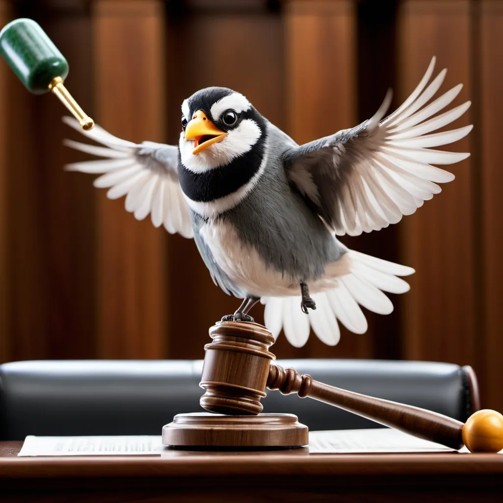 Prompt: a bird with a gavel saying "order in the court!"