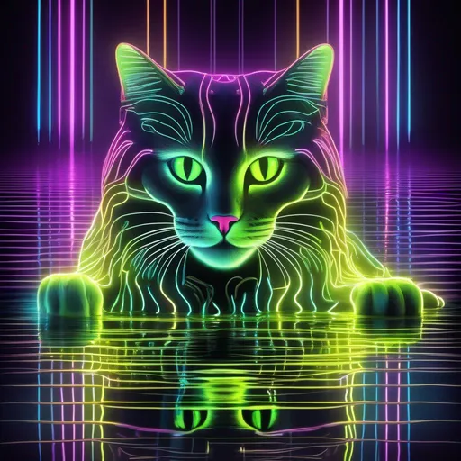 Prompt: A graceful cat rendered from the glowing neon tubes, reflected in tranquil water.