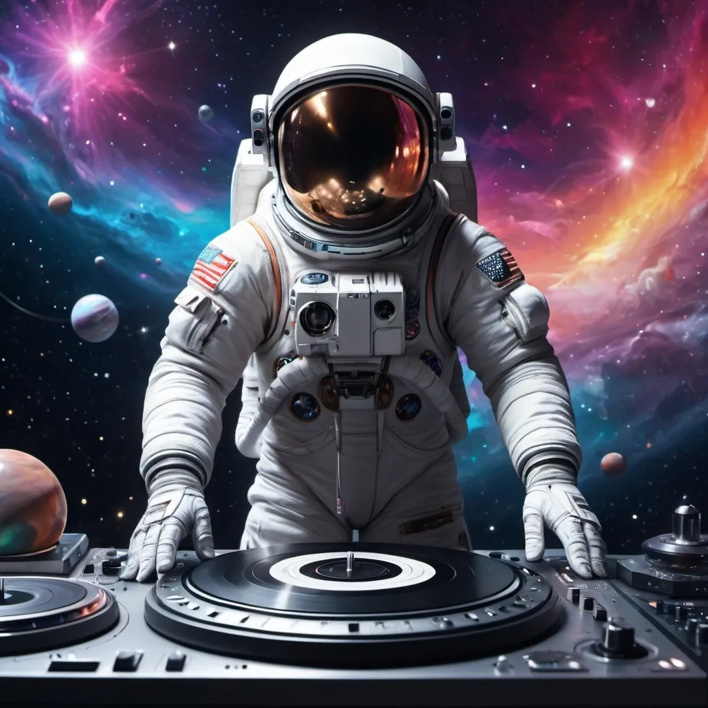 Prompt: An image of Astral Dreamtime Realm with an astronaught DJ using turntables