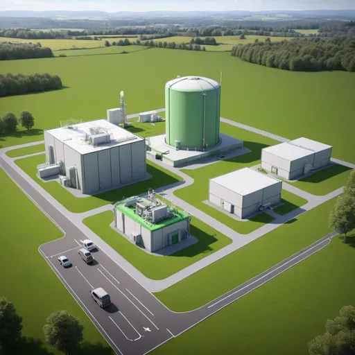 Prompt: a modern concept design  for a small modular reactor (SMR) nuclear Power Plant  in a green field with carpark