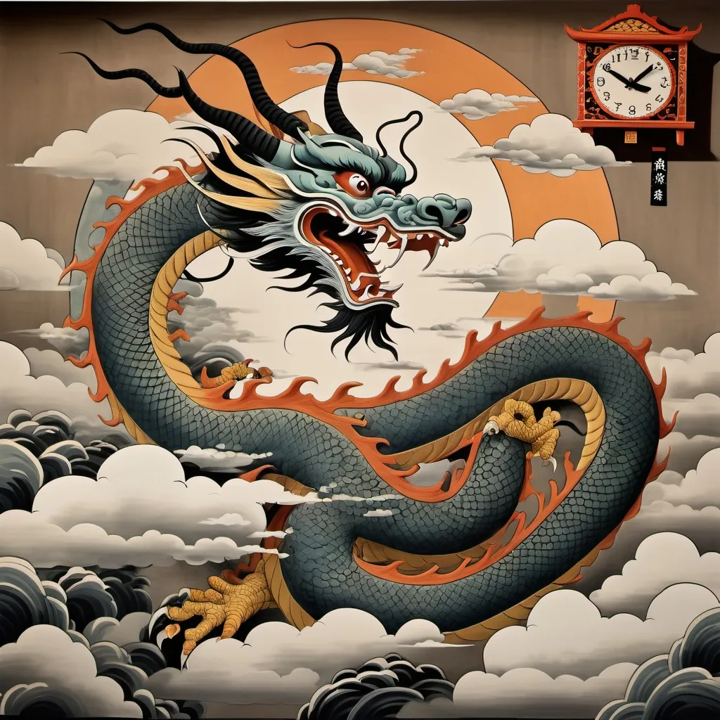 Prompt: a wall with a dragon and clouds on it and a clock on the wall above it and a clock on the wall below it, Emperor Huizong of Song, ukiyo-e, dragon art, an airbrush painting