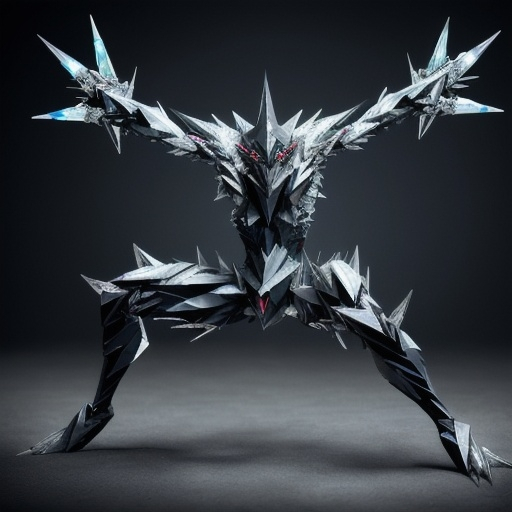 Prompt: The Shardclaw is a fearsome monster of diamonds. It has a humanoid body covered in sharp, jagged shards of diamond. The Shardclaw moves with lightning quickness and has a wicked, cruel intelligence. It attacks with its diamond claws, lacerating its victims with deadly precision. The Shardclaw is also capable of generating powerful diamond-based attacks, such as shooting diamond projectiles or creating diamond-like barriers. A humanoid creature covered in sharp, jagged shards of diamond with deadly diamond claws and the ability to generate powerful diamond-based attacks.