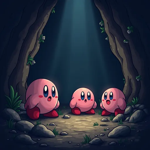 Prompt: Darkness cave and three Kirby Are Exploring it
