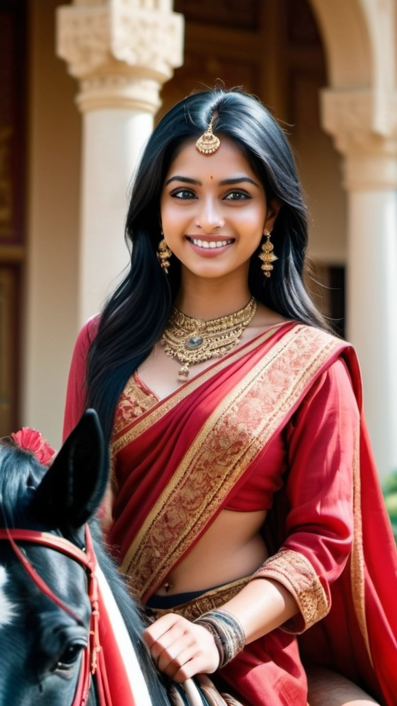 Prompt: A 22-25-year-old Indian woman with black silky straight hair, white skin, ocean blue eyes, and a smooth nose, riding a horse in a palace garden. She is wearing a red saree with a black blouse, a golden necklace, and has black-painted nails. Her expression is smiling and determined. The palace background features ornate pillars, intricate carvings, grand chandeliers, and lush gardens visible through the windows. The lighting is soft and diffused, casting realistic shadows. Optional details include decorative hairpins or flowers in her hair, background figures such as guards or attendants, and traditional horse tack. The color harmony should complement the palace setting, creating an elegant and culturally rich atmosphere.