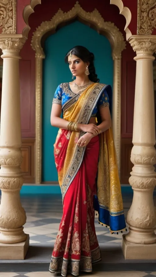 Prompt: Create a realistic image of a 25-year-old Indian woman with dark black hair and blue eyes, riding a horse in a palace setting. She is wearing a royal saree in red or pink with intricate patterns and embroidery, paired with a yellow blouse. Her accessories include a golden necklace, yellow bangles, and a silver payal on her legs.

Details to include:

Expression and Pose: The woman should have a graceful and natural pose, with a serene or joyful expression that fits the royal setting.

Saree Texture: The saree should feature detailed traditional embroidery or zari work to enhance its richness.

Horse Details: The horse should be depicted with a well-groomed mane, possibly with decorative tassels or a traditional saddle to fit the regal theme.

Palace Background: Include architectural elements typical of Indian palaces, such as ornate pillars, intricate carvings, grand chandeliers, and luxurious fabrics or tapestries. The background might also show lush gardens or other palace details through windows.

Lighting and Shadows: Use soft, diffused lighting to create a natural and elegant atmosphere, with shadows falling realistically.

Additional Accessories: Add small details like decorative hairpins or flowers in the woman's hair, and consider including a hand-held fan or other subtle jewelry.

Background Figures: Optionally, include subtle figures such as palace guards, attendants, or courtiers to provide a sense of scale and context.

Horse Tack and Gear: If relevant, add traditional Indian tack or decorative elements to the horse's gear.

Environment Details: Include elements like potted plants, intricate floor tiles, or historical artifacts to enrich the palace surroundings.

Color Harmony: Ensure the colors of the saree, blouse, and accessories harmonize with the palace setting for a cohesive look.