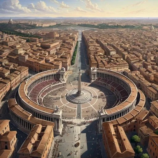 Prompt: Bird's-eye view of Rome in its prime. Triumphant music plays.]**