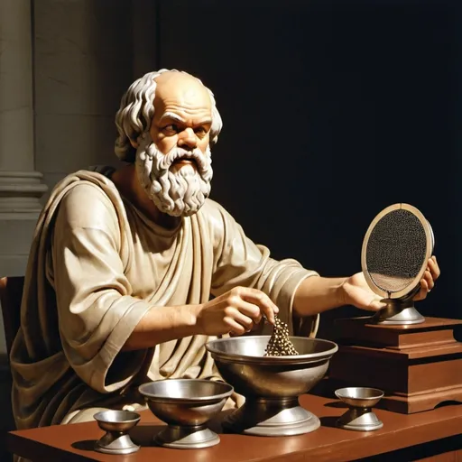 Prompt: "Depict Socrates sitting at a table with three sieves in front of him. The image shows a flow of information passing through the sieves, with only the information that has passed all stages remaining. Light shines from behind the sieves, symbolizing the values of the filtering process. The image conveys the importance of evaluating information before accepting it."