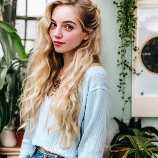 Prompt: A pretty girl named Lily Harper, age 26, with long, wavy blonde hair styled in loose curls. She has bright blue eyes and a fair complexion. She’s wearing trendy, casual outfits like high-waisted jeans and a crop top. She’s in a cozy one-room apartment with bohemian decor, surrounded by plants and with her two cats, Whiskers and Mittens.