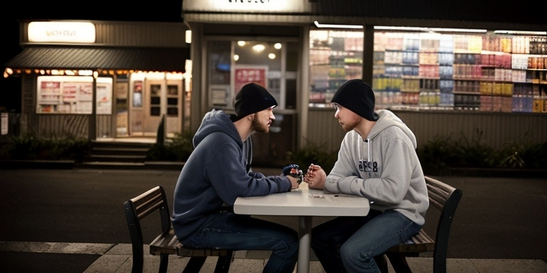 Prompt: A peaceful scene in front of a convenience store at night. Two 20-year-old men. They are sitting at a white folding table. one is wearing a casual hoodie and jeans, the other one wears a t-shirt and jacket. They are talking quietly, illuminated by the soft glow of the store’s lights. Just two man. Long shot. 35mm lens. wide angle.