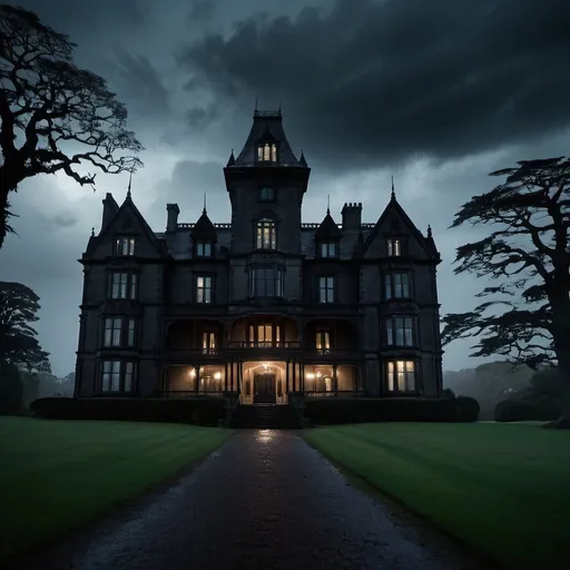 Prompt: The camera captures a wide shot of Blackwood Manor, a large and imposing structure, looming in the distance as the group approaches. The mansion's eerie silhouette against the stormy night sky creates a sense of foreboding and mystery.
Mood/Atmosphere: Foreboding, ominous, looming danger.