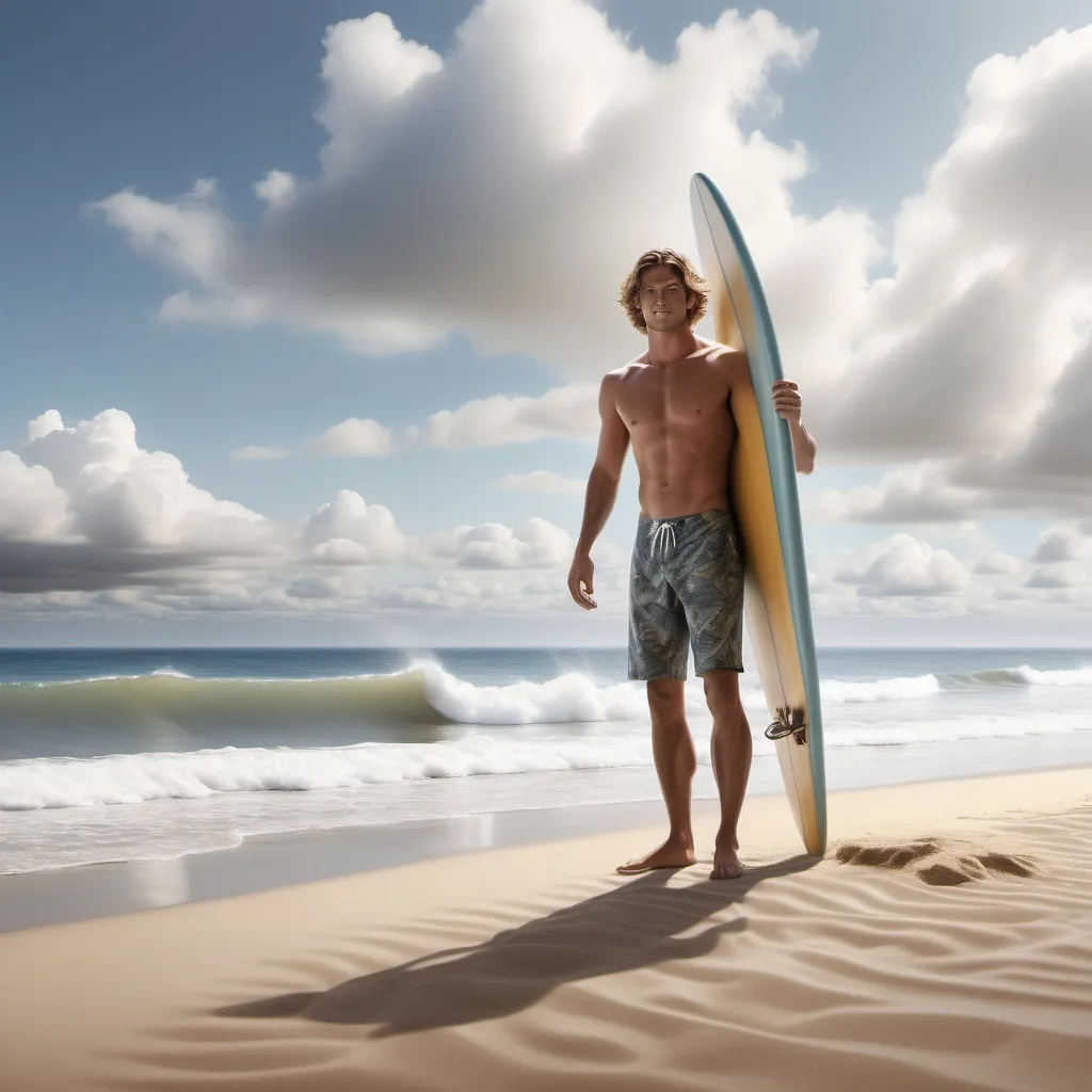 Prompt: Photorealistic scene of a sunny beach with a handsome 29-year-old surfer standing on the shoreline 20 feet from the viewer and facing the viewer. He is holding a surfboard with its bottom in the sand and pointing upward. The shoreline is behind the surfer with a view of the distant horizon with white puffy clouds above the horizon. The viewer can observe the surfer with the shoreline going off into the distance on either side with a wide-angle lens.