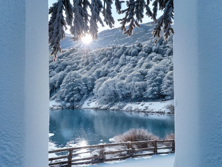 Prompt: Schne Landschaft in den Bergen bei einem See der um zingelt ist von Bäumen  in wunderschön blau und weis s Farben 