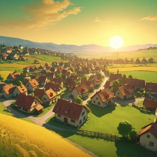 Prompt: The golden sunset over the village. greenish village and illustration-4k-hd-
