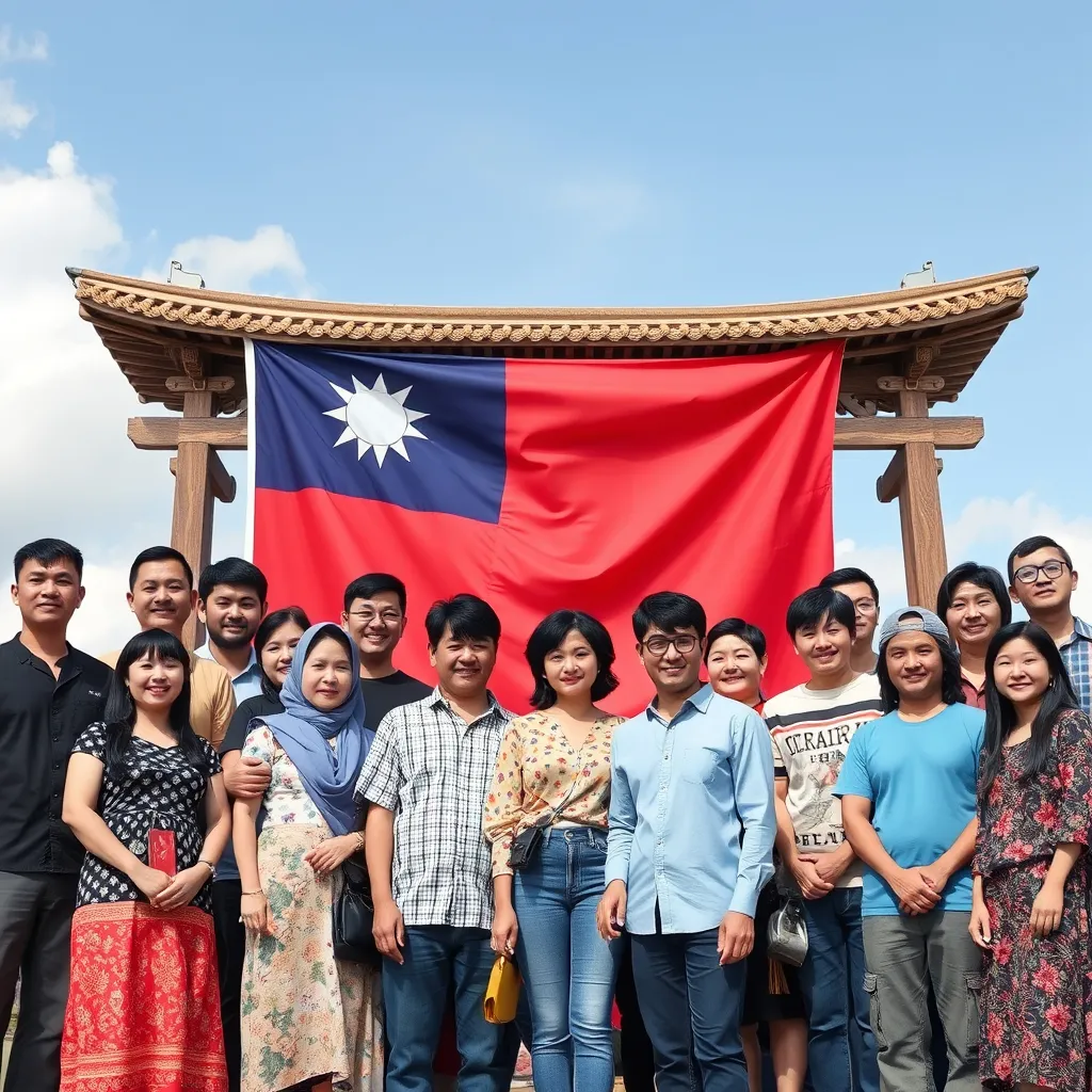 Prompt: people of many different cultures standing with the flag of taiwan in the background