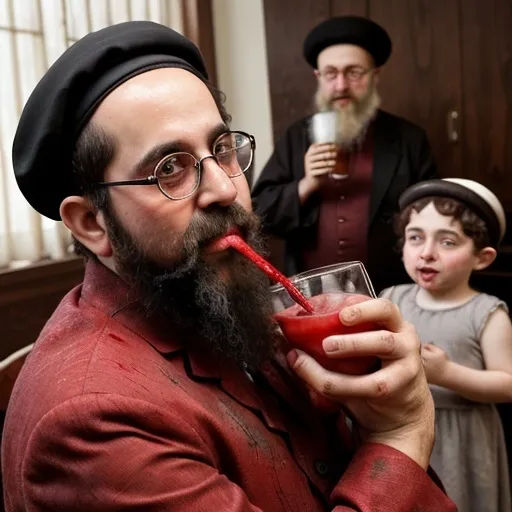 Prompt: rabbi drinking a drink that looks like blood with jewish kids and a baby in the background