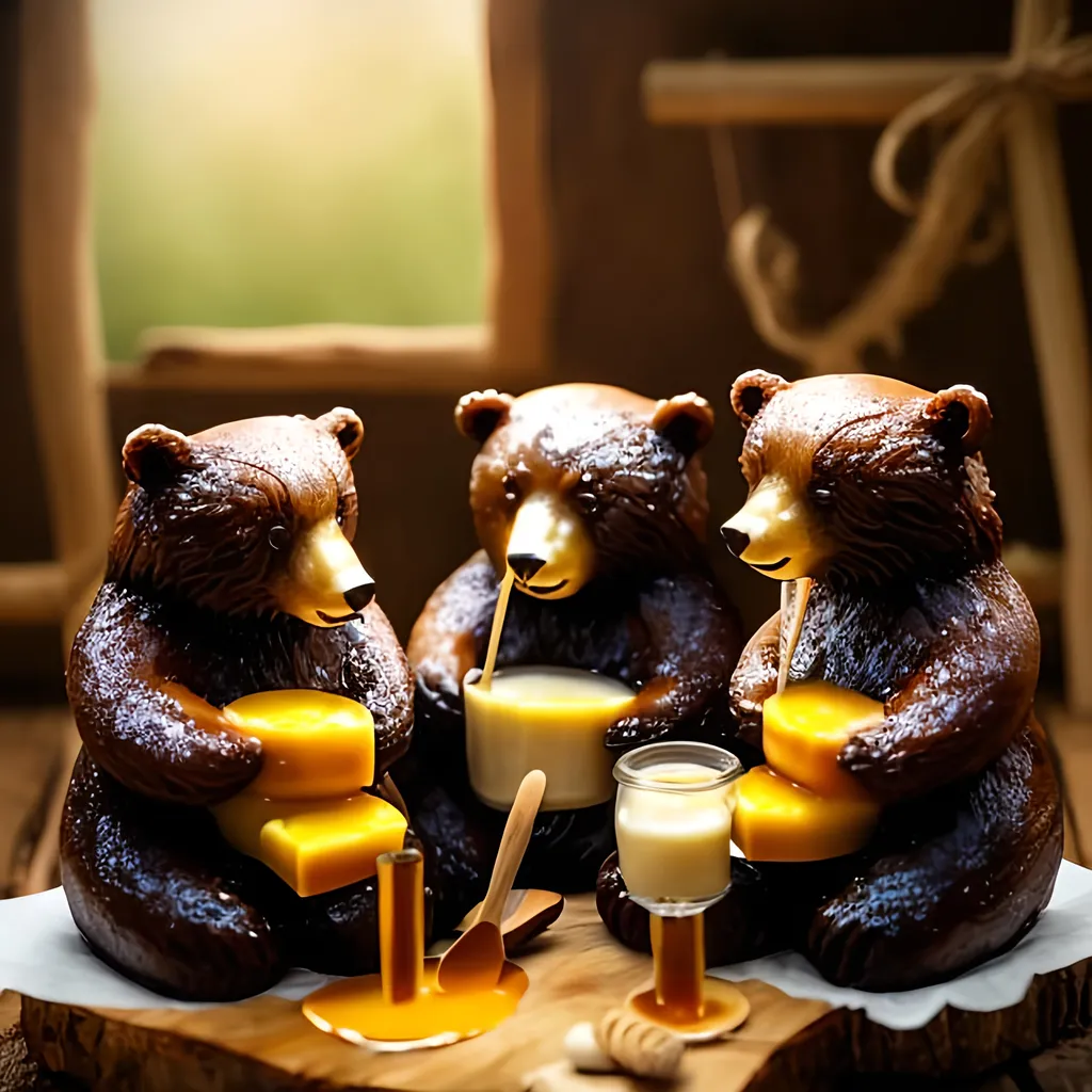 Prompt: Three bears eating honey cake with wooden spoons and drinking white milk. Background is dark and like a cave