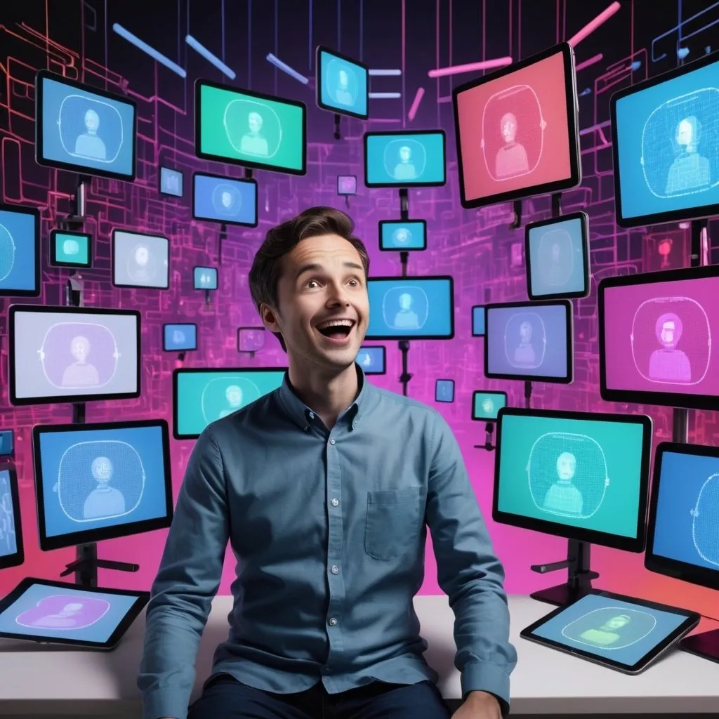 Prompt: Create a image that depicts one man surrounded by screens with various AI tools displayed on them. Add multiple colours. And I want to see the face of the man bright with wonder and excitement.