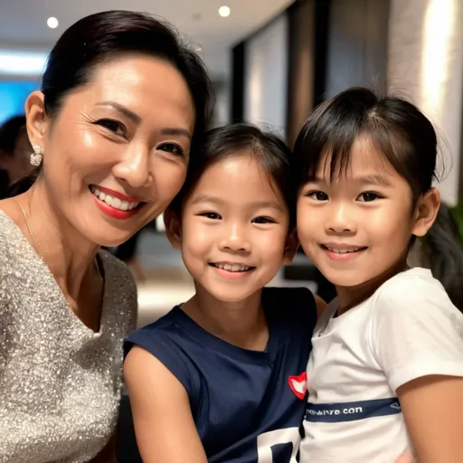 Prompt: a loving Singaporean woman Sandra age 39, 
and her 10 year old daughter and 8 year old son