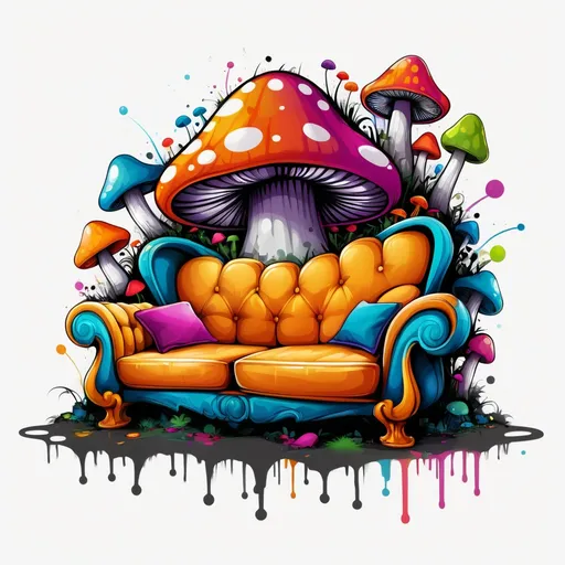 Prompt: Colorful graffiti illustration of a magic mushroom couch with ample space to sit , paint splashes, vector t-shirt art, white background