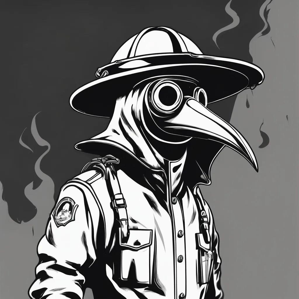 Prompt: Plague doctor as a firefighter wearing a modern fire helmet in black and white 