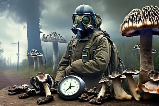 Prompt: Gas masks and  morel mushrooms detailed surealism time travel