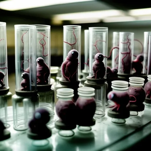 Prompt: Little maroon creatures in rows of clear incubation tubes. Sat on table