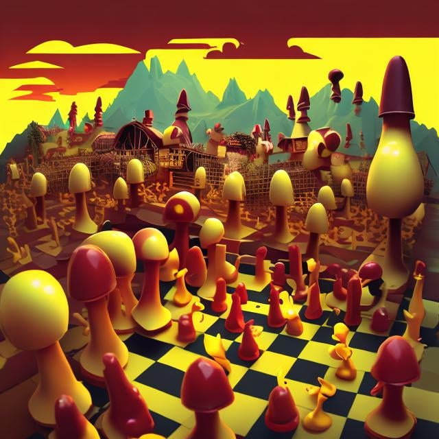 Prompt:  1-point perspective landscape style, maroon and yellow, surrealism, goofy chicken, cottagecore yard, chicken coop, detailed, surrealist, mushroom chess pieces, goofy chickens, cottagecore,distinct lighting