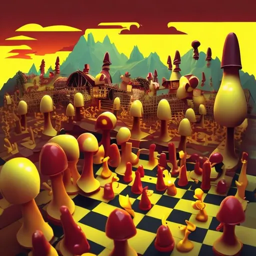 Prompt:  1-point perspective landscape style, maroon and yellow, surrealism, goofy chicken, cottagecore yard, chicken coop, detailed, surrealist, mushroom chess pieces, goofy chickens, cottagecore,distinct lighting