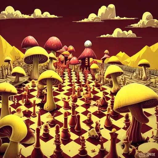 Prompt:  1-point perspective landscape style, maroon and yellow, surrealism, goofy chicken, cottagecore yard, chicken coop, detailed, surrealist, mushroom chess pieces, goofy chickens, cottagecore,distinct lighting