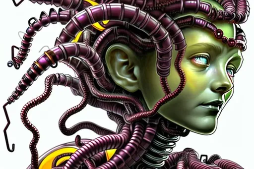 Prompt: Medusa and mother nature morphed together. A mech ant army
 Tubes and electrical circuits. Maroon and yellow