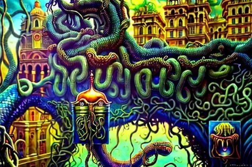 Prompt: Surrealism, Medusa, mother nature, vibrant colors, surrealistic scene, intricate details, high-quality, oil painting, flowing hair, snake-like vines, intense gaze, mystical, dreamlike, surreal, vibrant colors, natural elements, atmospheric lighting, surrealistic style, captivating, detailed eyes, artistic masterpiece