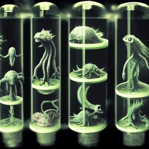 Prompt:  Creatures in 30 incubation tubes.