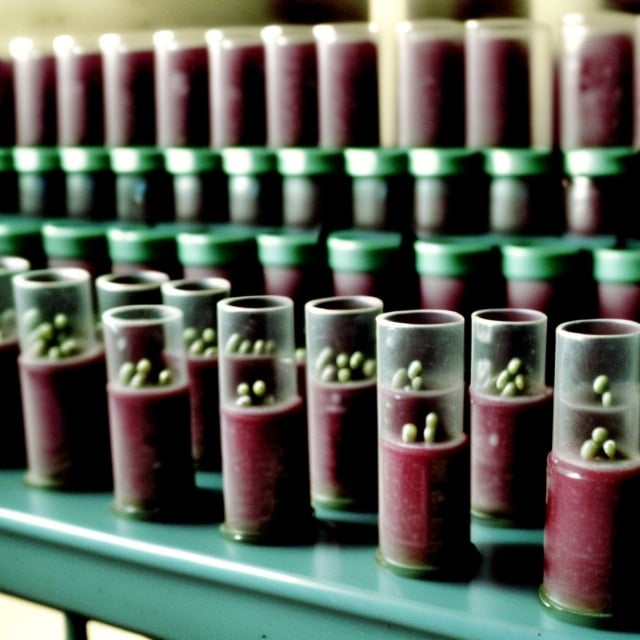 Prompt: Little maroon creatures in rows of incubation tubes. Sat on table