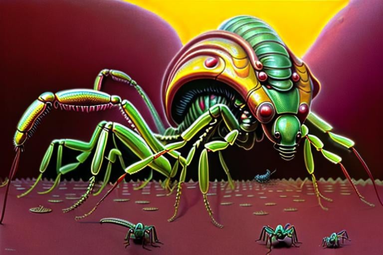 Prompt: Medusa morphed with mother nature, surrealism with hidden mech parts. Ants crawling on her. Maroon and yellow. 1 point perspective. Bugs praying mantis