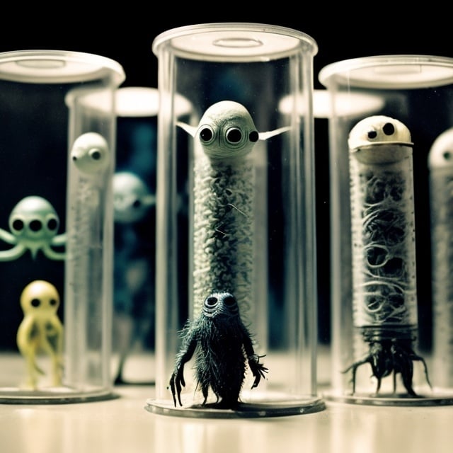 Prompt:  Creatures in 30 incubation tubes. Sat on table