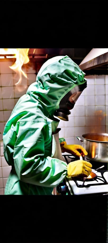 Prompt: Chernobyl hazmat suit,side profile cooking on stove.