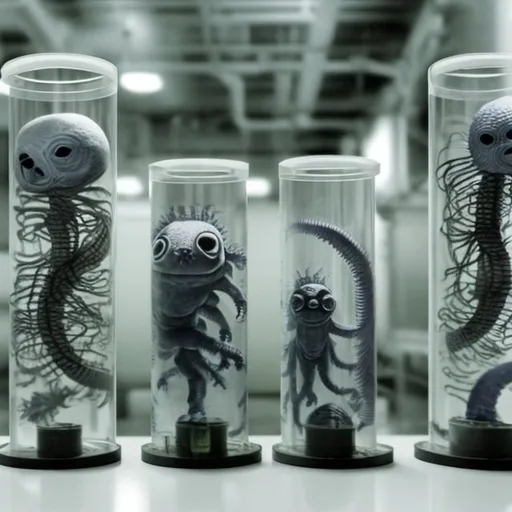 Prompt:  Creatures in 30 incubation tubes.