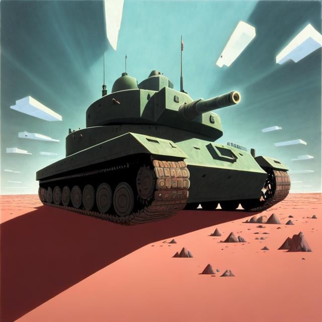 Prompt: Giant Tank facing forward. 1 point perspective surrealism
