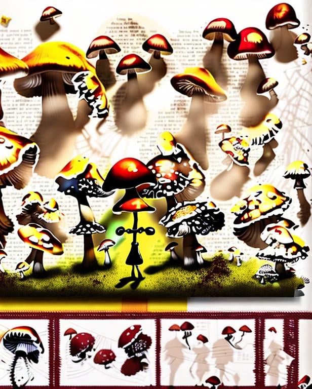 Prompt: mushrooms eating a person's shadow. Surreal. Dark Maroon and yellow. Robots bugs cottage setting