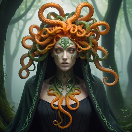 Prompt: Medusa with orange tentacle hair and a hood on