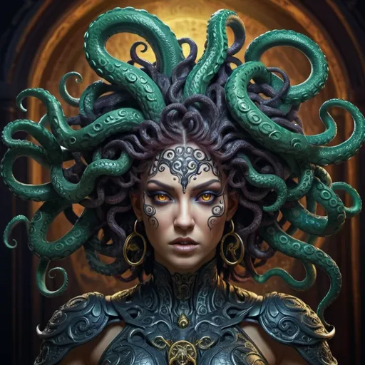 Prompt: Medusa with tentacle hair and armor as a tatto