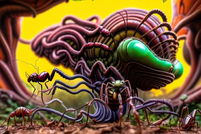 Prompt: Medusa morphed with mother nature, surrealism with hidden mech parts. Ants crawling on her. Maroon and yellow. 1 point perspective. Bugs praying mantis