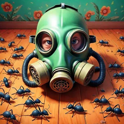 Prompt: Ants crawling around a cartoon gas mask on the floor