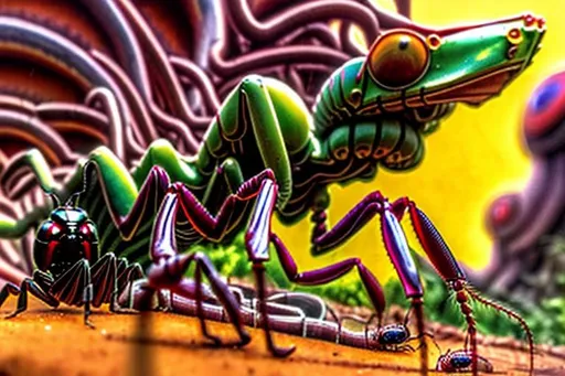 Prompt: Medusa morphed with mother nature, surrealism with hidden mech parts. Ants crawling on her. Maroon and yellow. 1 point perspective. Bugs praying mantis